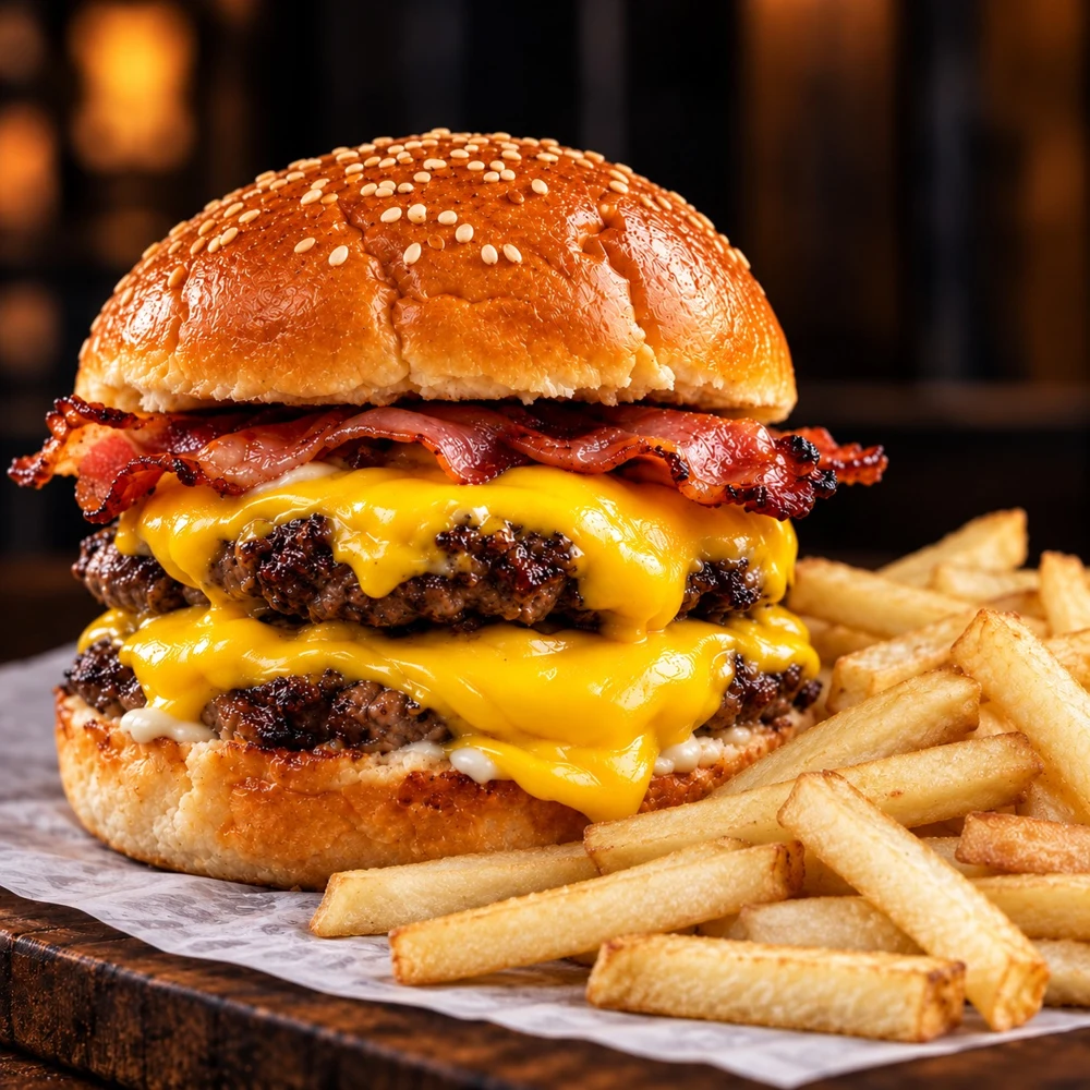 Doble Distrito Bacon con dos medallones, queso cheddar, bacon y papas